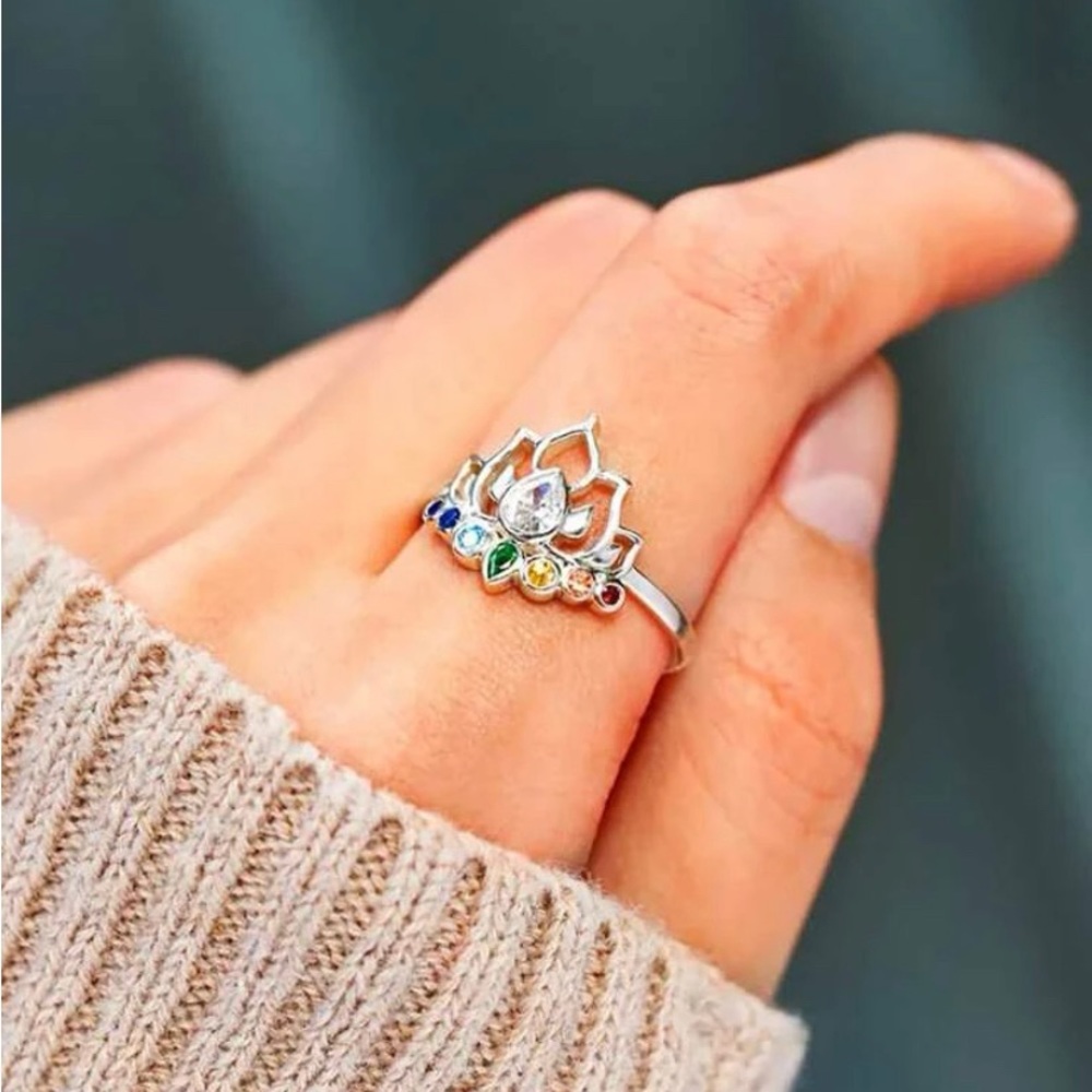 Mulit Colored Gemstone Lotus Flower Sterling Silver Ring NEW Chakra Rainbow